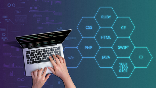stock photo programming languages code with person and laptop 1870835497